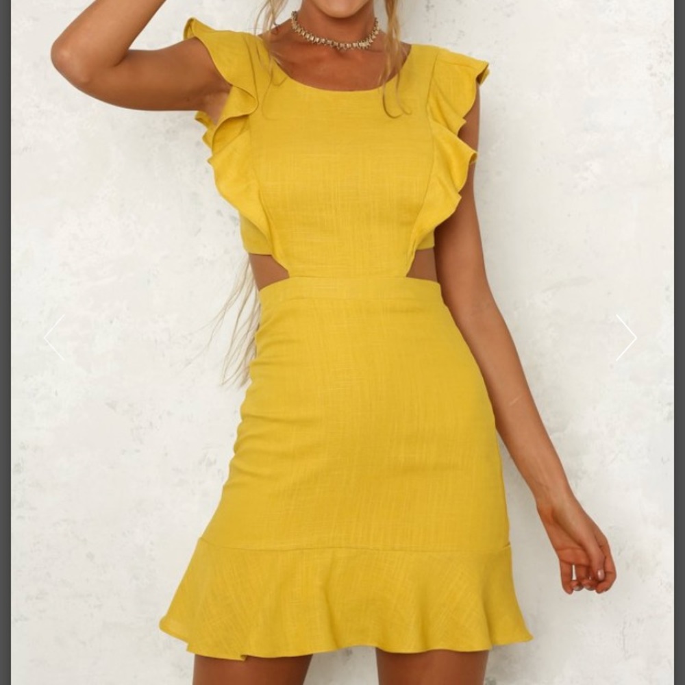 Yellow Linen Ruffle Dress - Picture 6 of 7